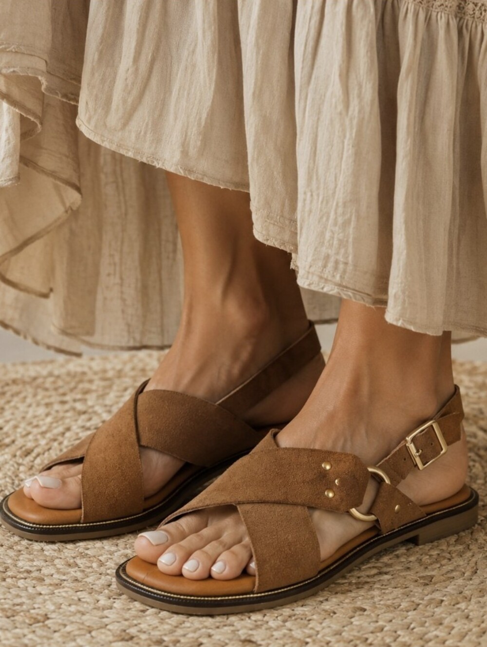 Lottini Brown Suede Slingback Sandals CrissCross Gold Buckle Flats Italy Sz 9.5